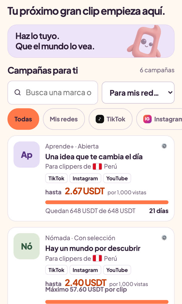 Lista de campañas en Clipia con el pago por cada 1.000 vistas en USDT, las redes y el presupuesto disponible