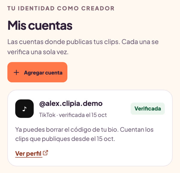 Pantalla Mis cuentas de Clipia con una cuenta de TikTok verificada y el botón Agregar cuenta