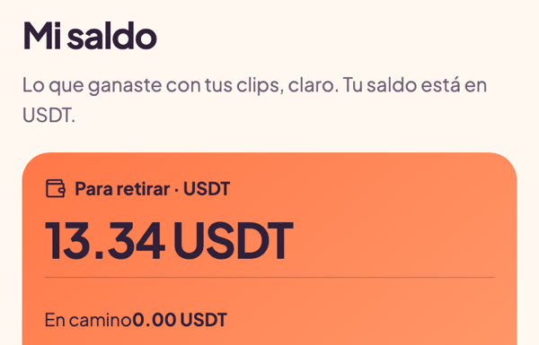 Pantalla Mi saldo de Clipia con el saldo para retirar en USDT